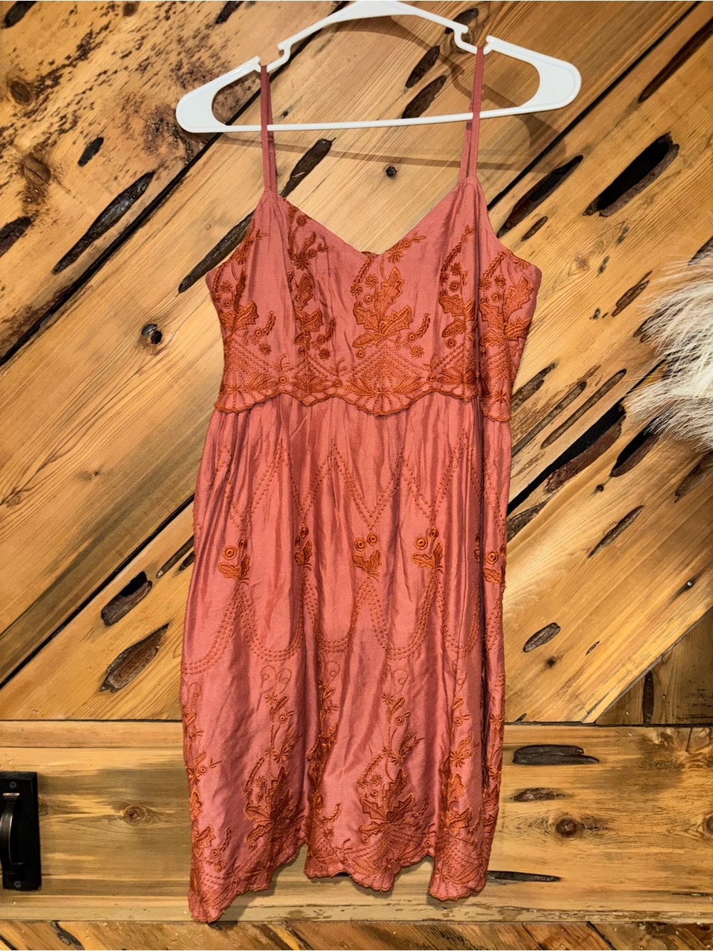 Embroidered Rust Midi Slip Dress with Spaghetti Straps